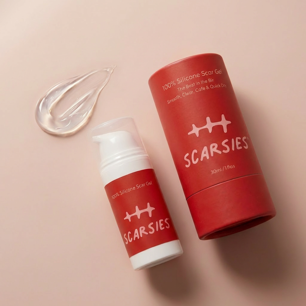 Two red containers labeled 'SCARSIES' with a clear object on a beige background