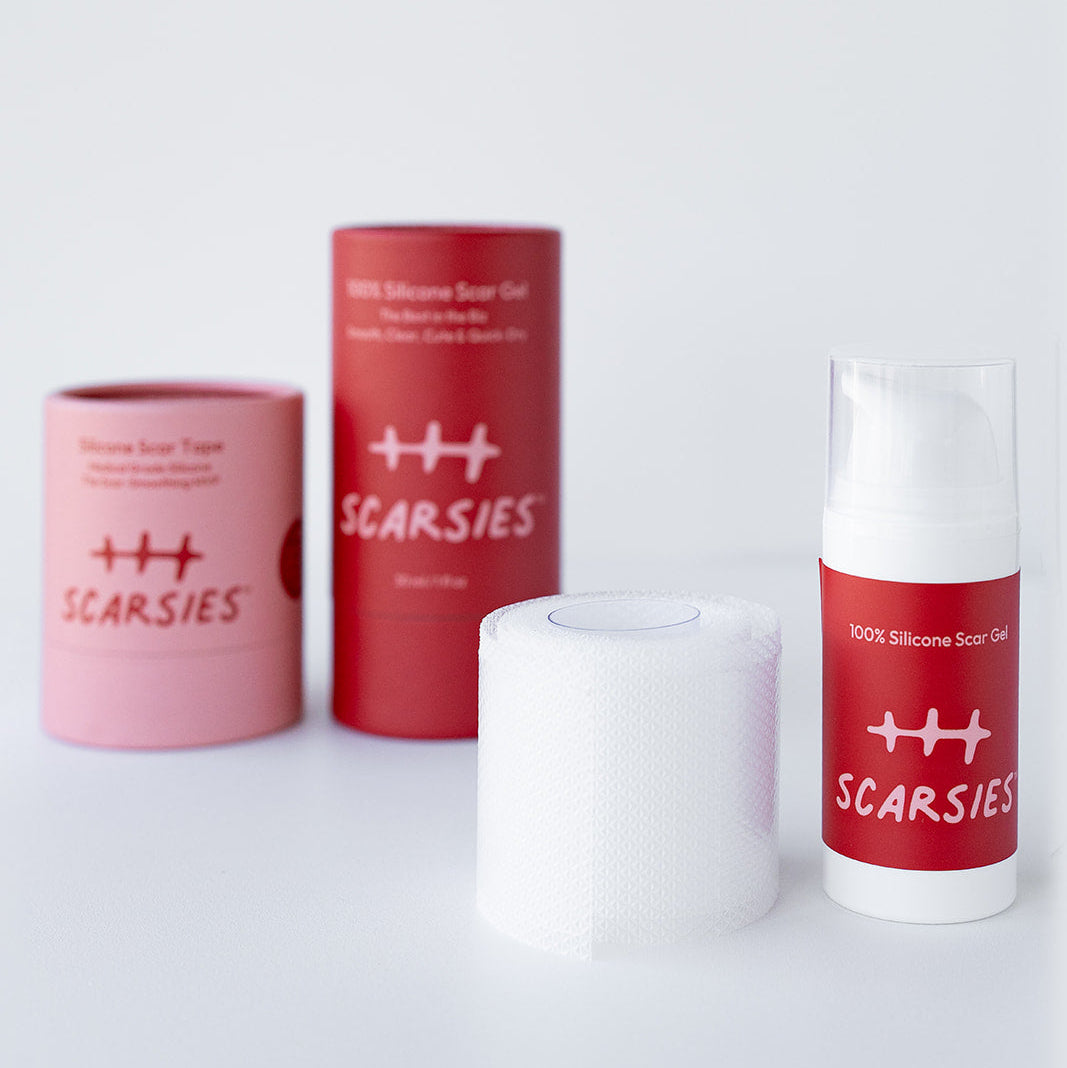 Set of skincare products labeled 'SCARSIES' on a white background