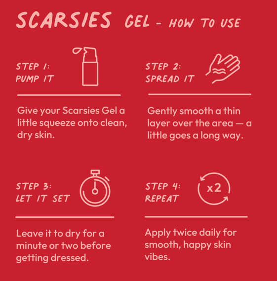 Instructions for using Scarsies Gel on a red background