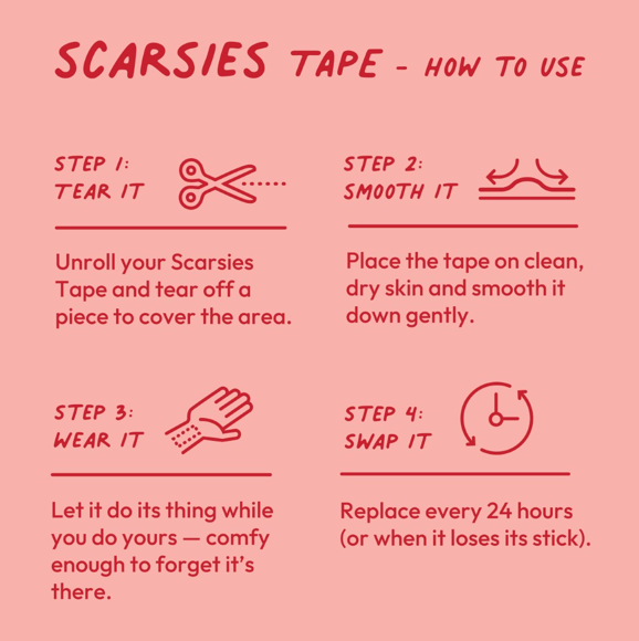 Instructions for using Scarsies Tape on a red background
